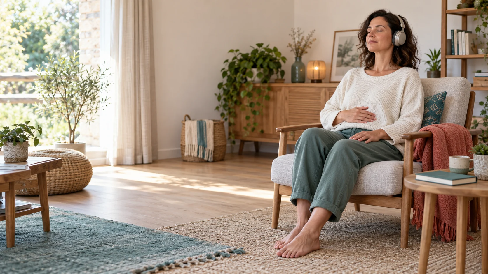 Femme pratiquant une respiration guidée avec un casque audio