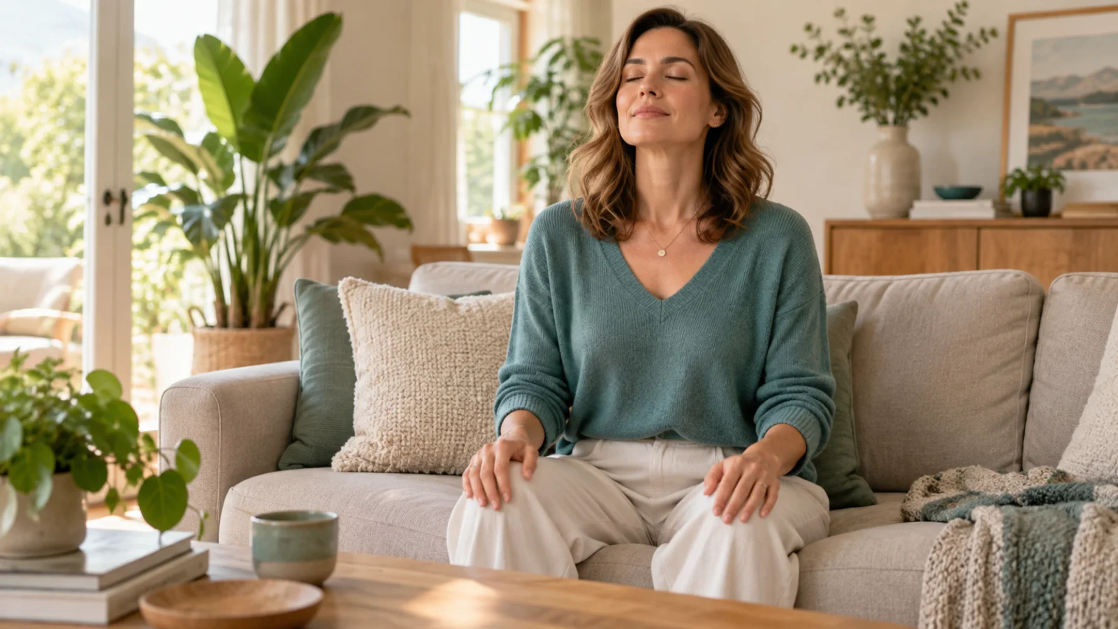 Femme pratiquant une respiration calme dans un salon lumineux avant un événement important
