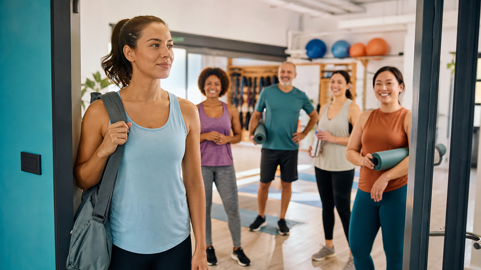 Adulte souriante et légèrement hésitante à l’entrée d’un cours collectif de fitness accueillant