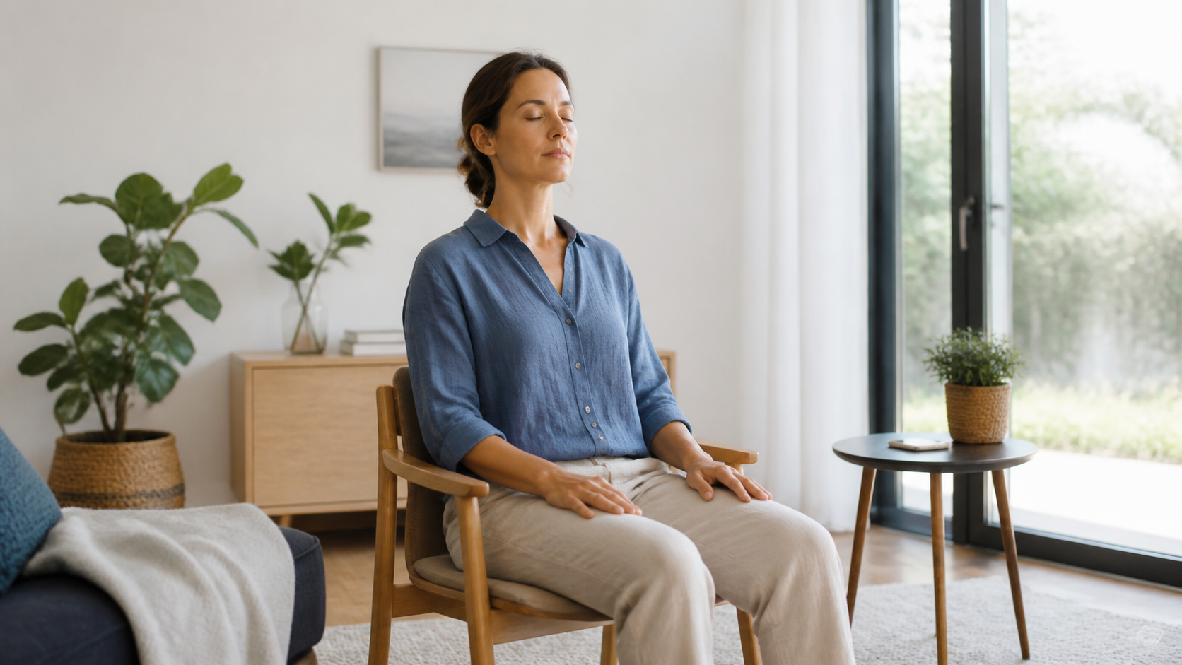 Femme assise dans un intérieur lumineux pendant une courte séance de respiration consciente