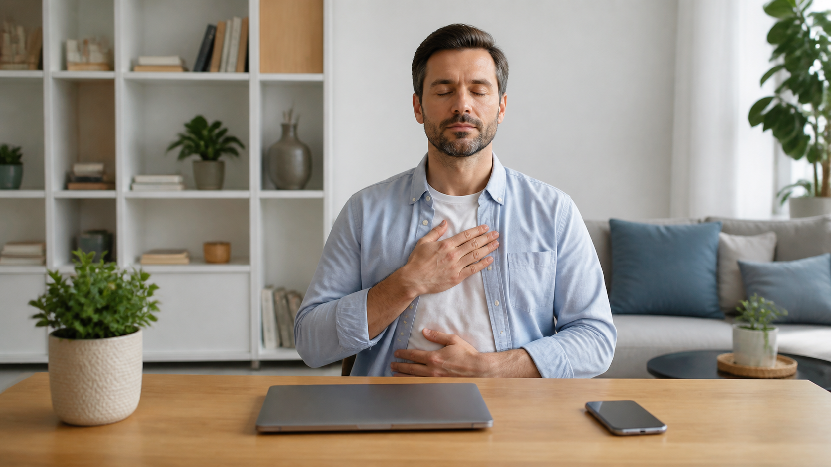 Homme assis les yeux fermés devant un ordinateur portable fermé pendant un exercice de respiration